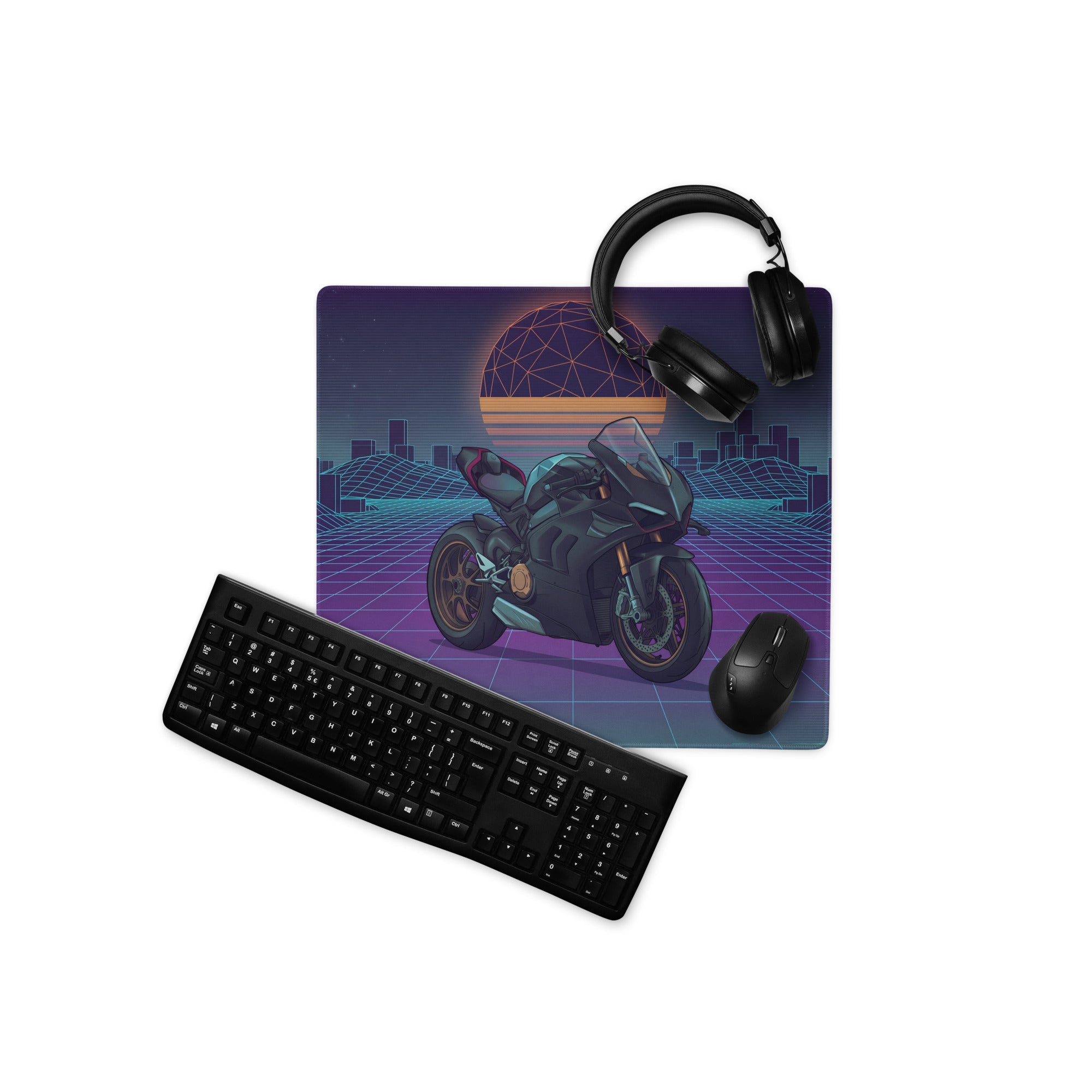 Ducati Panigale V4 Inspired Black Teal Vaporwave Gaming Mouse Pad – Retro Neon Grid Desk Mat, Futuristic Synthwave Motorcycle Digital Art