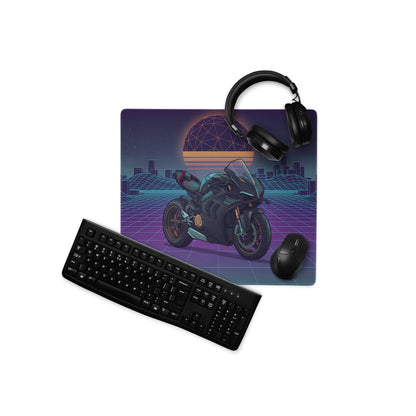 Ducati Panigale V4 Inspired Black Teal Vaporwave Gaming Mouse Pad – Retro Neon Grid Desk Mat, Futuristic Synthwave Motorcycle Digital Art