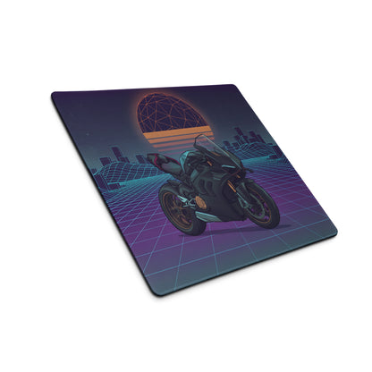 Ducati Panigale V4 Inspired Black Teal Vaporwave Gaming Mouse Pad – Retro Neon Grid Desk Mat, Futuristic Synthwave Motorcycle Digital Art