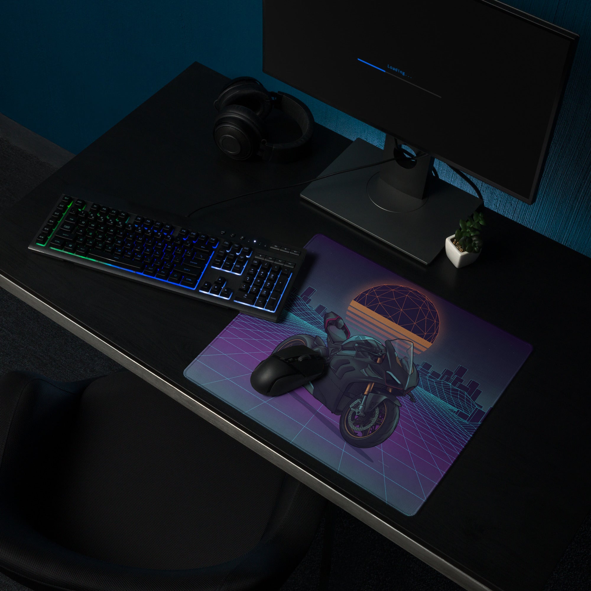 Ducati Panigale V4 Inspired Black Teal Vaporwave Gaming Mouse Pad – Retro Neon Grid Desk Mat, Futuristic Synthwave Motorcycle Digital Art