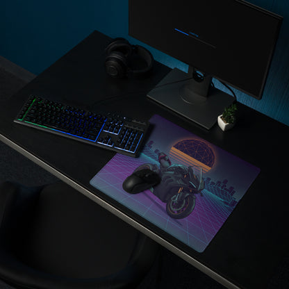 Ducati Panigale V4 Inspired Black Teal Vaporwave Gaming Mouse Pad – Retro Neon Grid Desk Mat, Futuristic Synthwave Motorcycle Digital Art