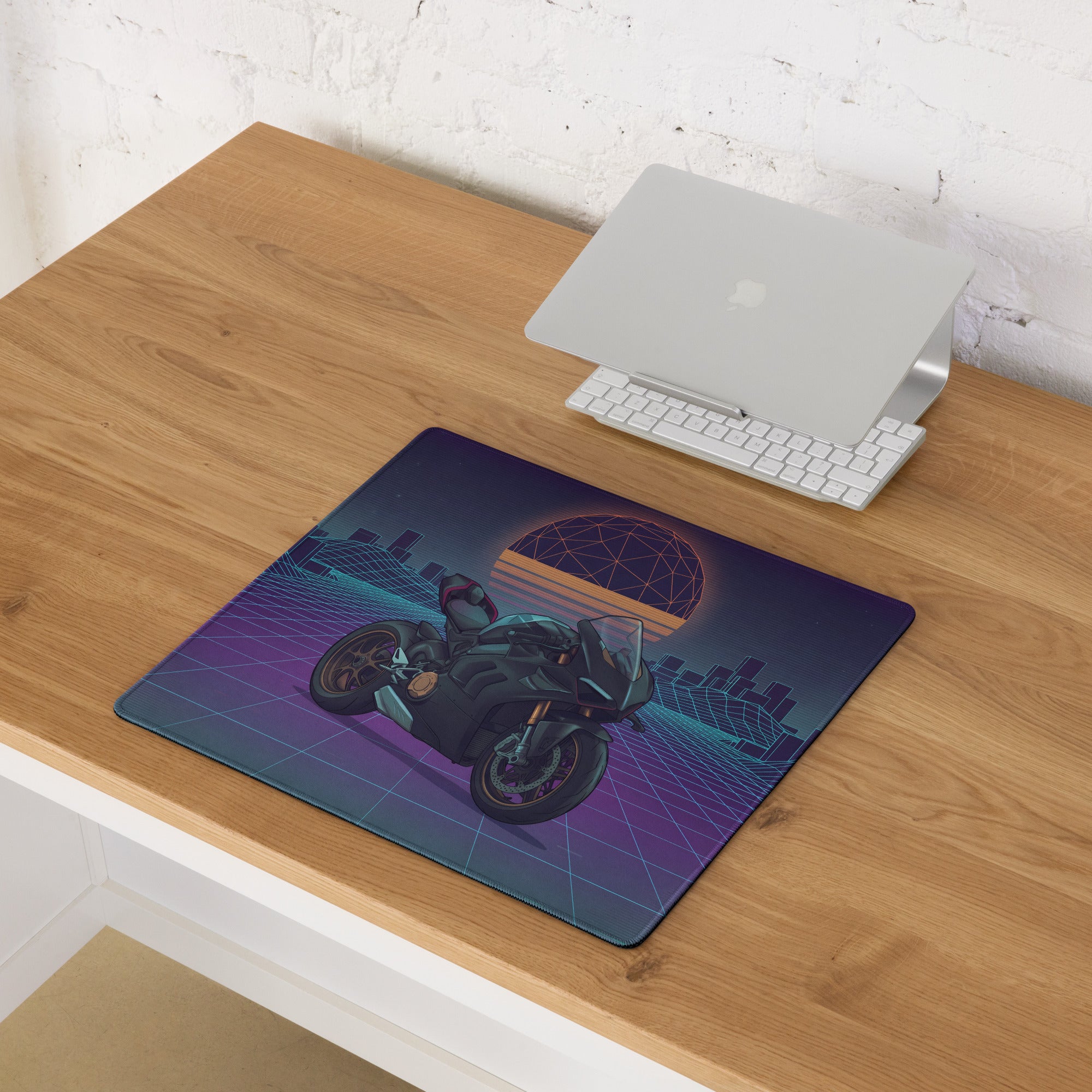Ducati Panigale V4 Inspired Black Teal Vaporwave Gaming Mouse Pad – Retro Neon Grid Desk Mat, Futuristic Synthwave Motorcycle Digital Art