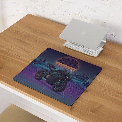 Ducati Panigale V4 Inspired Black Teal Vaporwave Gaming Mouse Pad – Retro Neon Grid Desk Mat, Futuristic Synthwave Motorcycle Digital Art