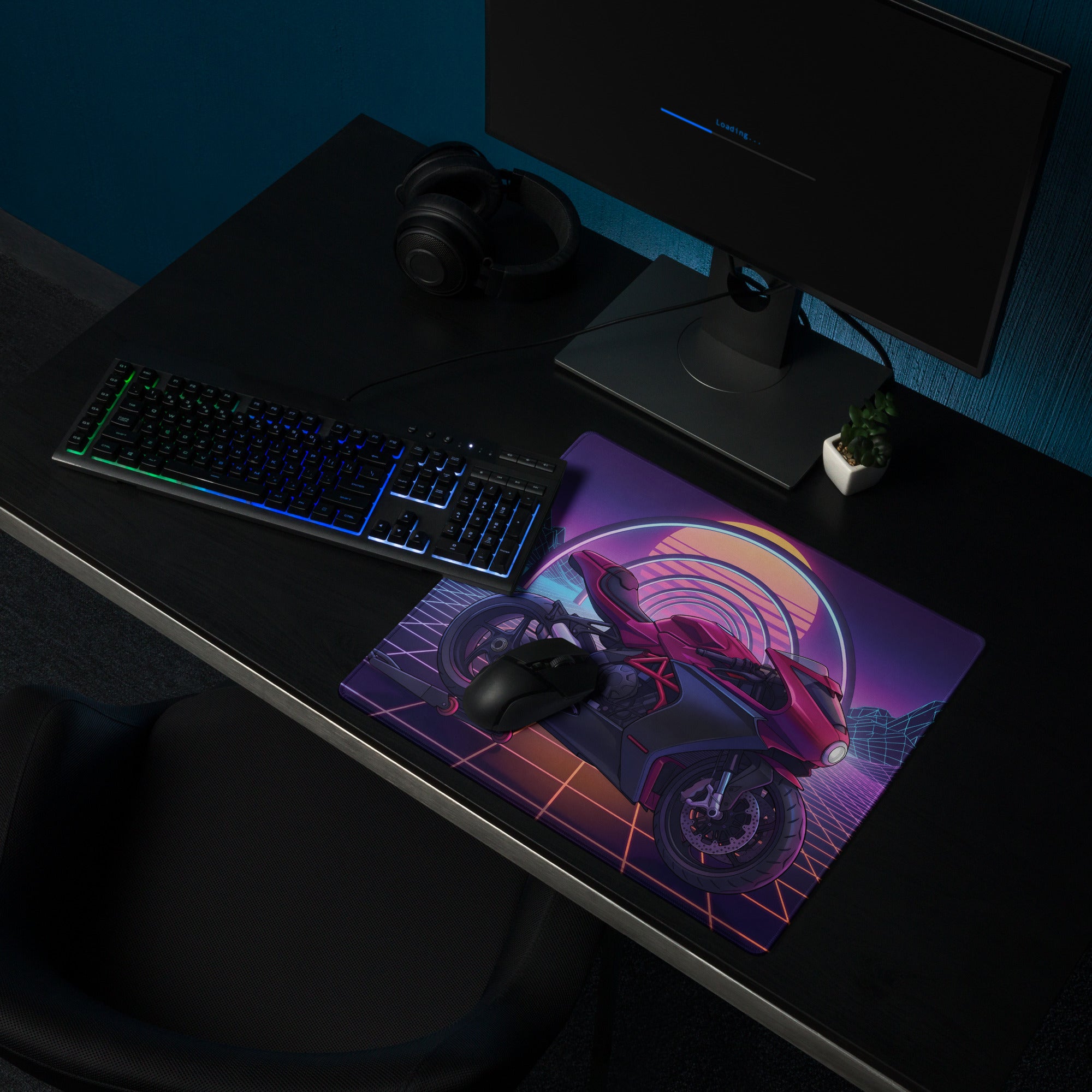 MV Agusta Superveloce Inspired Magenta Vaporwave Gaming Mouse Pad – Neon Grid Desk Mat, Retro Futuristic Synthwave Motorcycle Digital Art