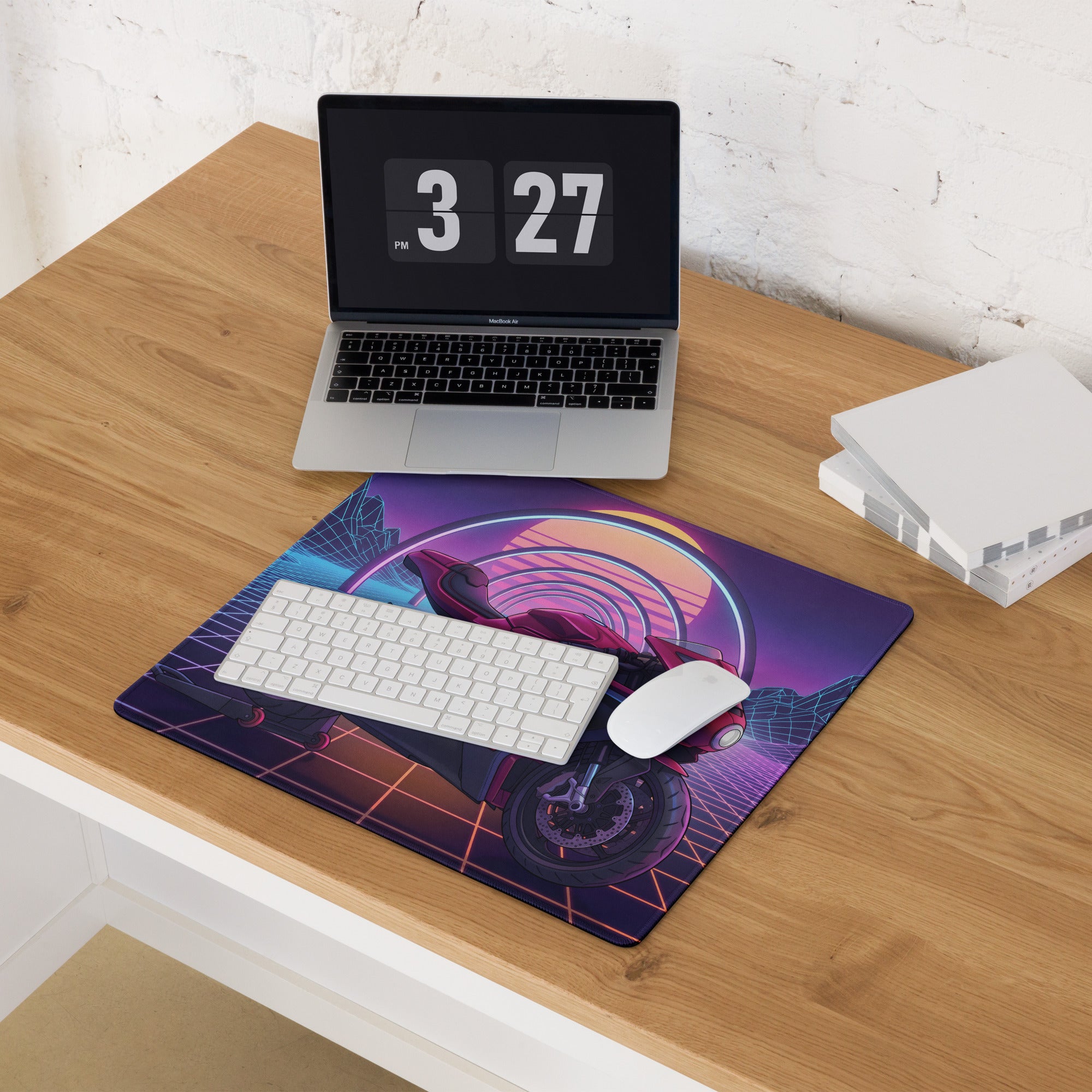 MV Agusta Superveloce Inspired Magenta Vaporwave Gaming Mouse Pad – Neon Grid Desk Mat, Retro Futuristic Synthwave Motorcycle Digital Art