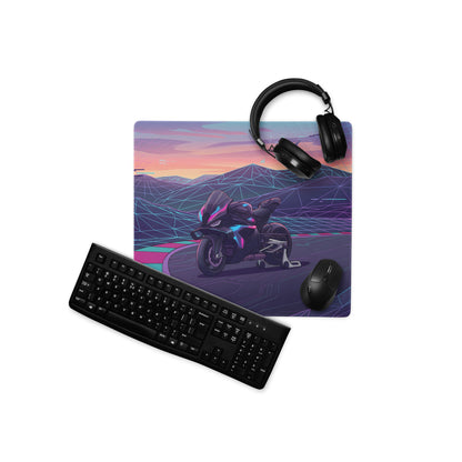 BMW M1000RR Inspired Purple Teal Vaporwave Gaming Mouse Pad – Neon Mountain Raceway Desk Mat, Futuristic Synthwave Motorcycle Digital Art