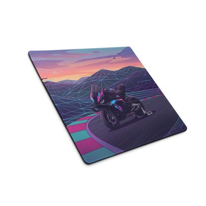 BMW M1000RR Inspired Purple Teal Vaporwave Gaming Mouse Pad – Neon Mountain Raceway Desk Mat, Futuristic Synthwave Motorcycle Digital Art
