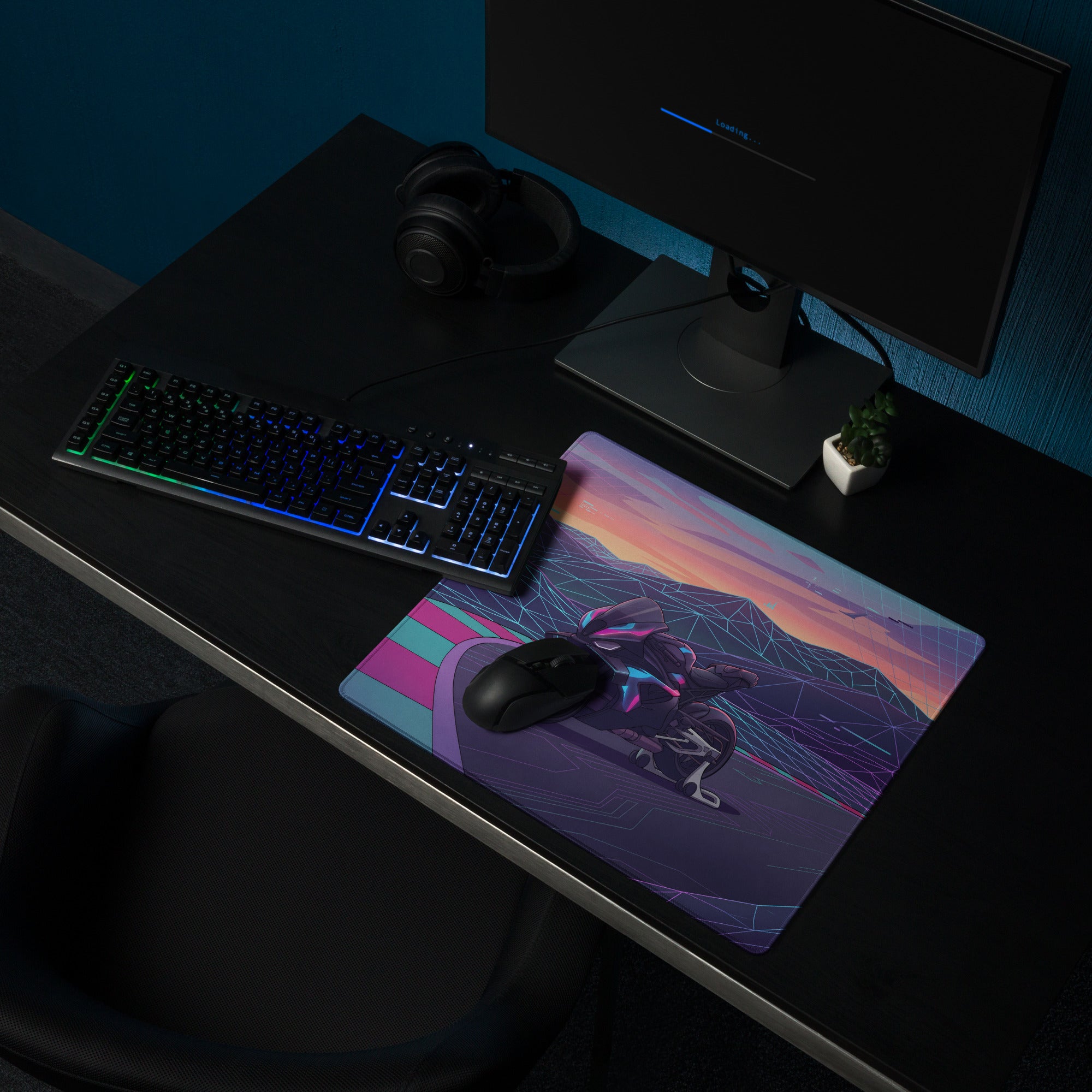 BMW M1000RR Inspired Purple Teal Vaporwave Gaming Mouse Pad – Neon Mountain Raceway Desk Mat, Futuristic Synthwave Motorcycle Digital Art