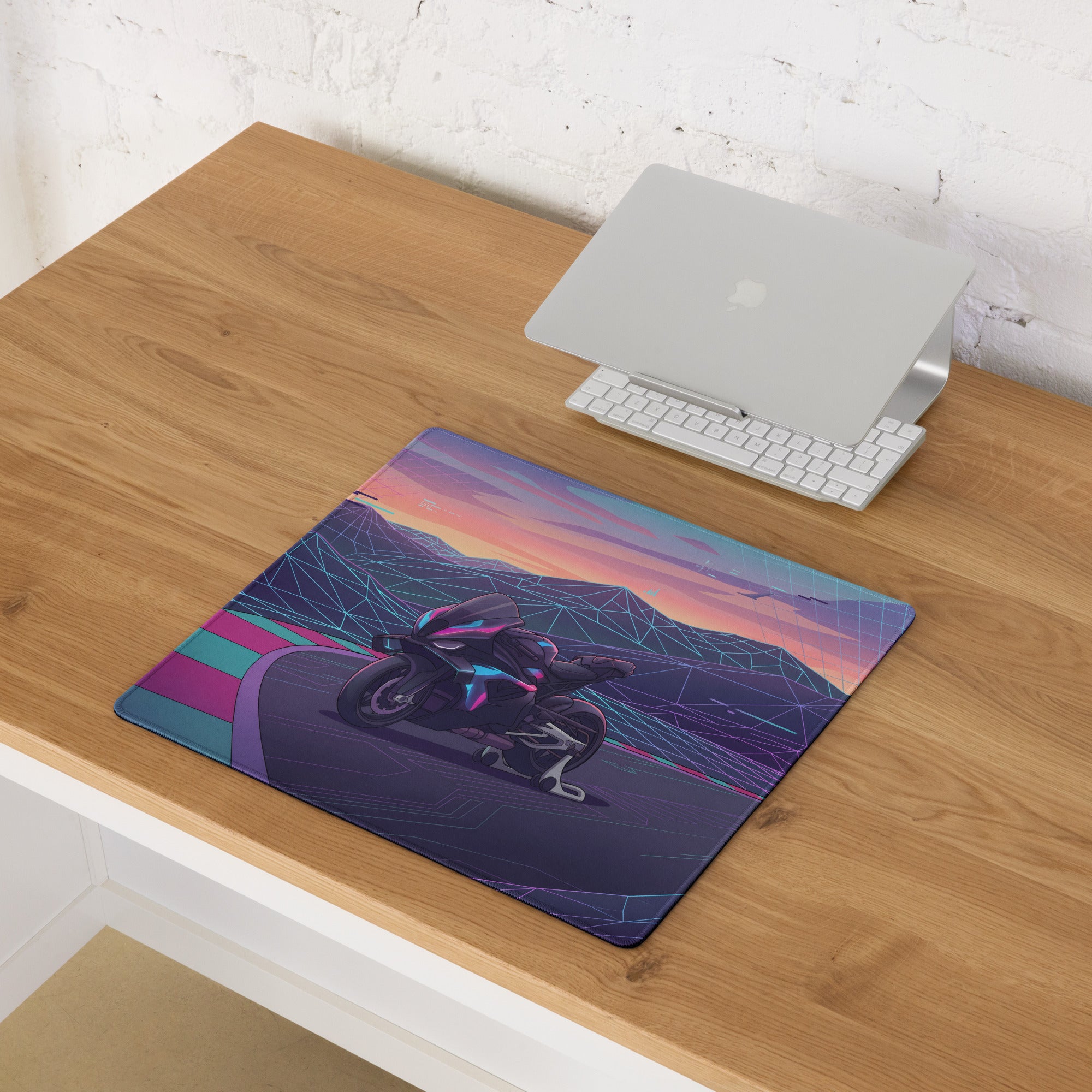 BMW M1000RR Inspired Purple Teal Vaporwave Gaming Mouse Pad – Neon Mountain Raceway Desk Mat, Futuristic Synthwave Motorcycle Digital Art
