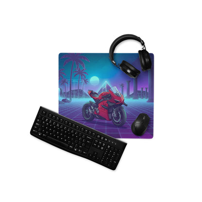 Ducati Superleggera V4 Inspired Red Blue Vaporwave Gaming Mouse Pad – Neon Atlantis Grid Desk Mat, Retro Futuristic Synthwave Motorcycle Digital Art