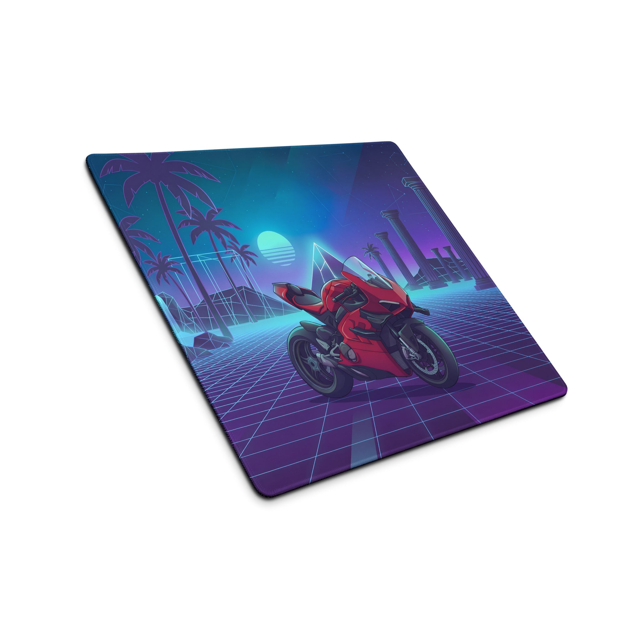 Ducati Superleggera V4 Inspired Red Blue Vaporwave Gaming Mouse Pad – Neon Atlantis Grid Desk Mat, Retro Futuristic Synthwave Motorcycle Digital Art