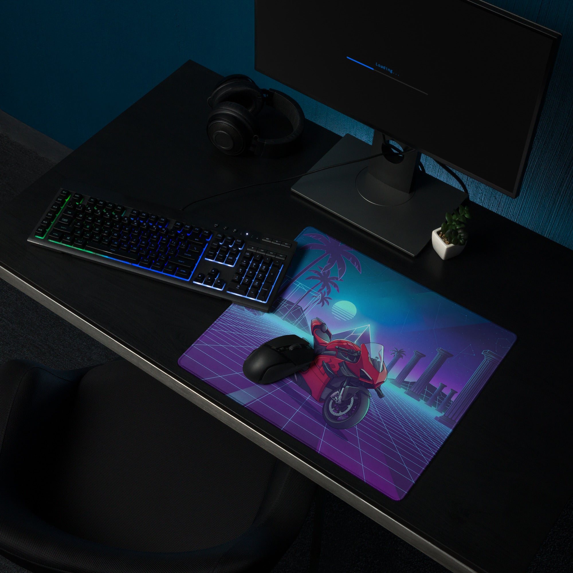 Ducati Superleggera V4 Inspired Red Blue Vaporwave Gaming Mouse Pad – Neon Atlantis Grid Desk Mat, Retro Futuristic Synthwave Motorcycle Digital Art