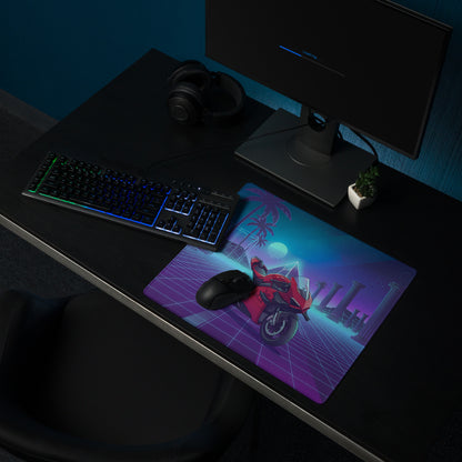 Ducati Superleggera V4 Inspired Red Blue Vaporwave Gaming Mouse Pad – Neon Atlantis Grid Desk Mat, Retro Futuristic Synthwave Motorcycle Digital Art