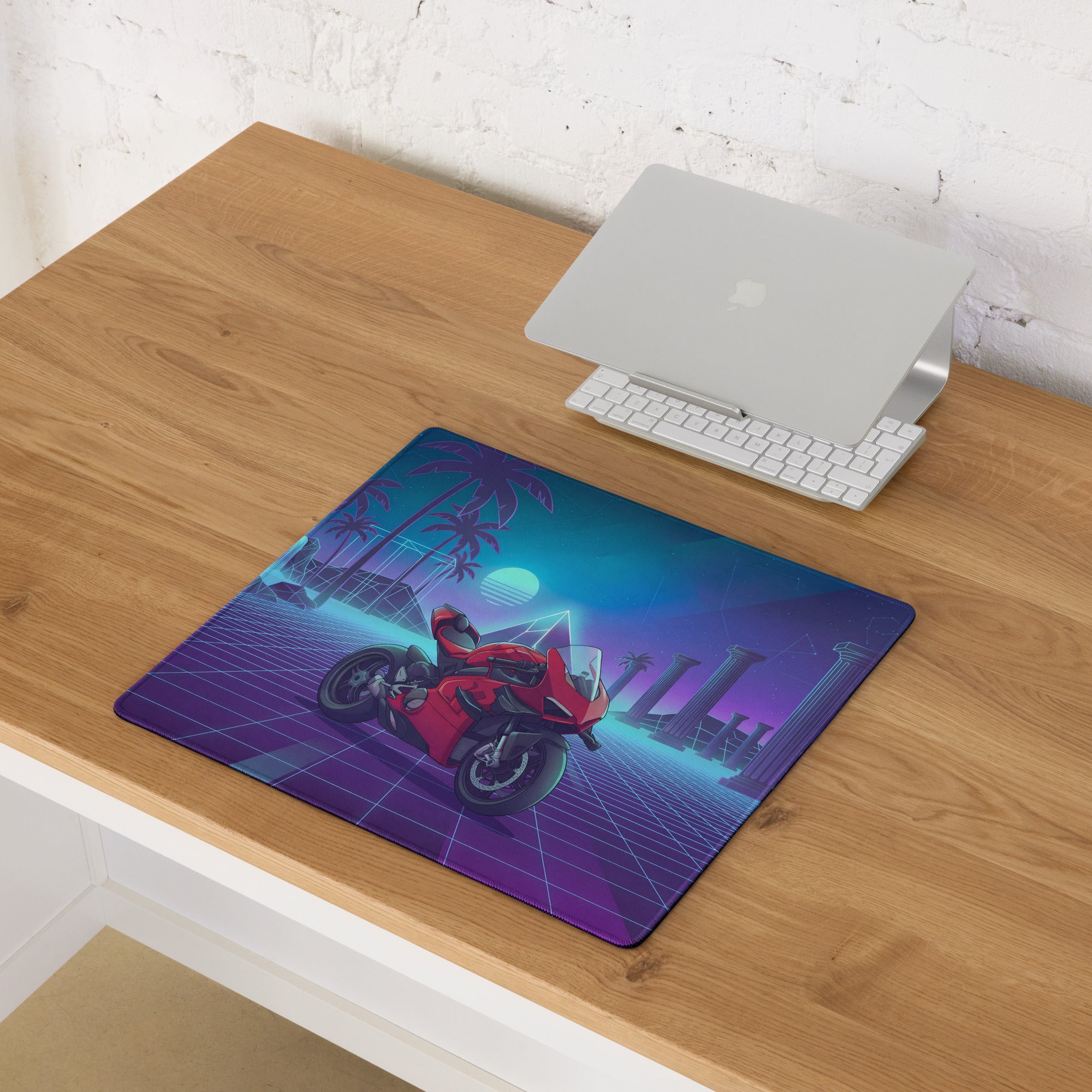 Ducati Superleggera V4 Inspired Red Blue Vaporwave Gaming Mouse Pad – Neon Atlantis Grid Desk Mat, Retro Futuristic Synthwave Motorcycle Digital Art