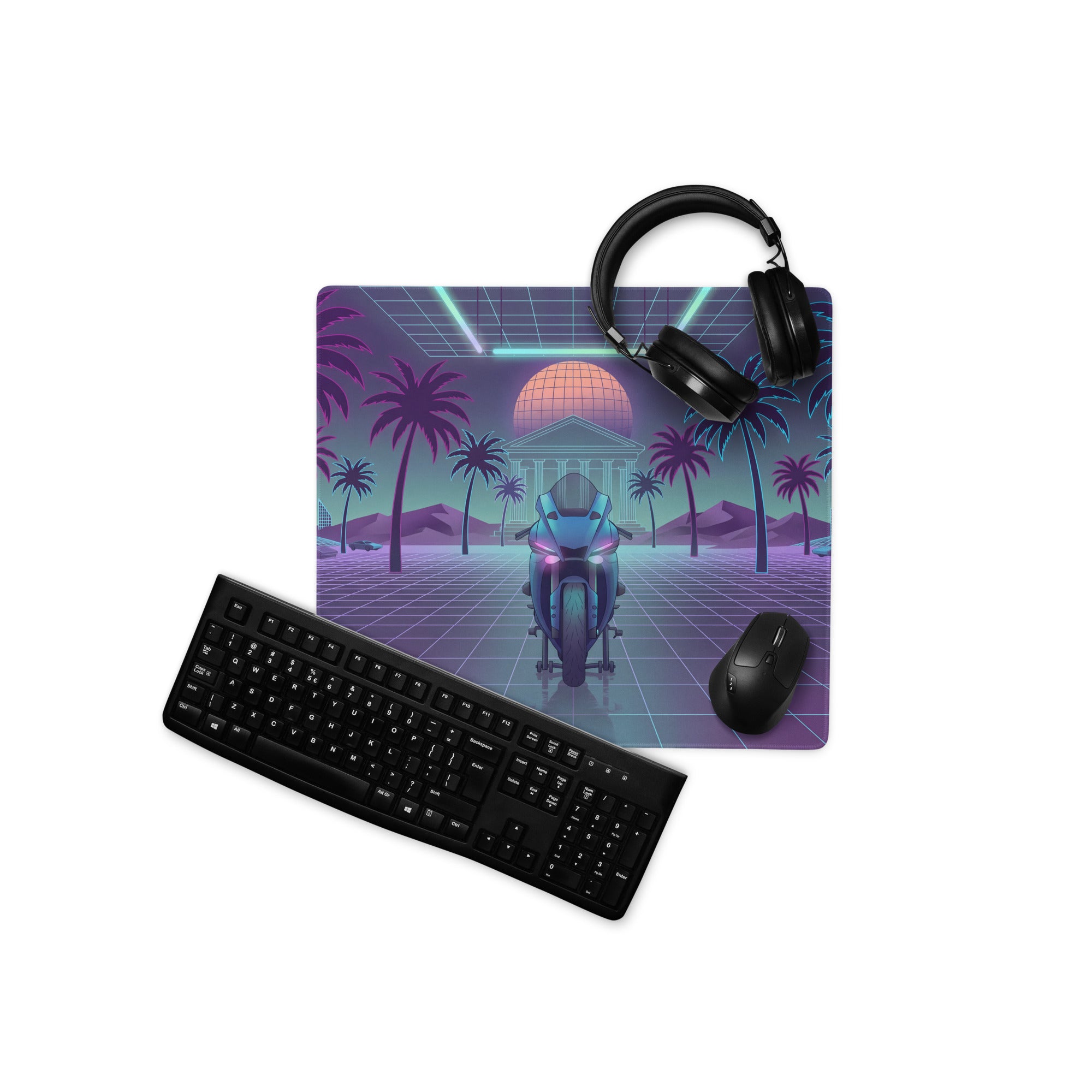 Yamaha YZF-R1 Inspired Blue Purple Vaporwave Gaming Mouse Pad – Neon Palm Grid Desk Mat, Retro Futuristic Synthwave Motorcycle Digital Art