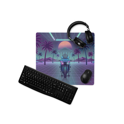 Yamaha YZF-R1 Inspired Blue Purple Vaporwave Gaming Mouse Pad – Neon Palm Grid Desk Mat, Retro Futuristic Synthwave Motorcycle Digital Art
