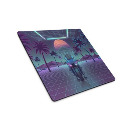 Yamaha YZF-R1 Inspired Blue Purple Vaporwave Gaming Mouse Pad – Neon Palm Grid Desk Mat, Retro Futuristic Synthwave Motorcycle Digital Art