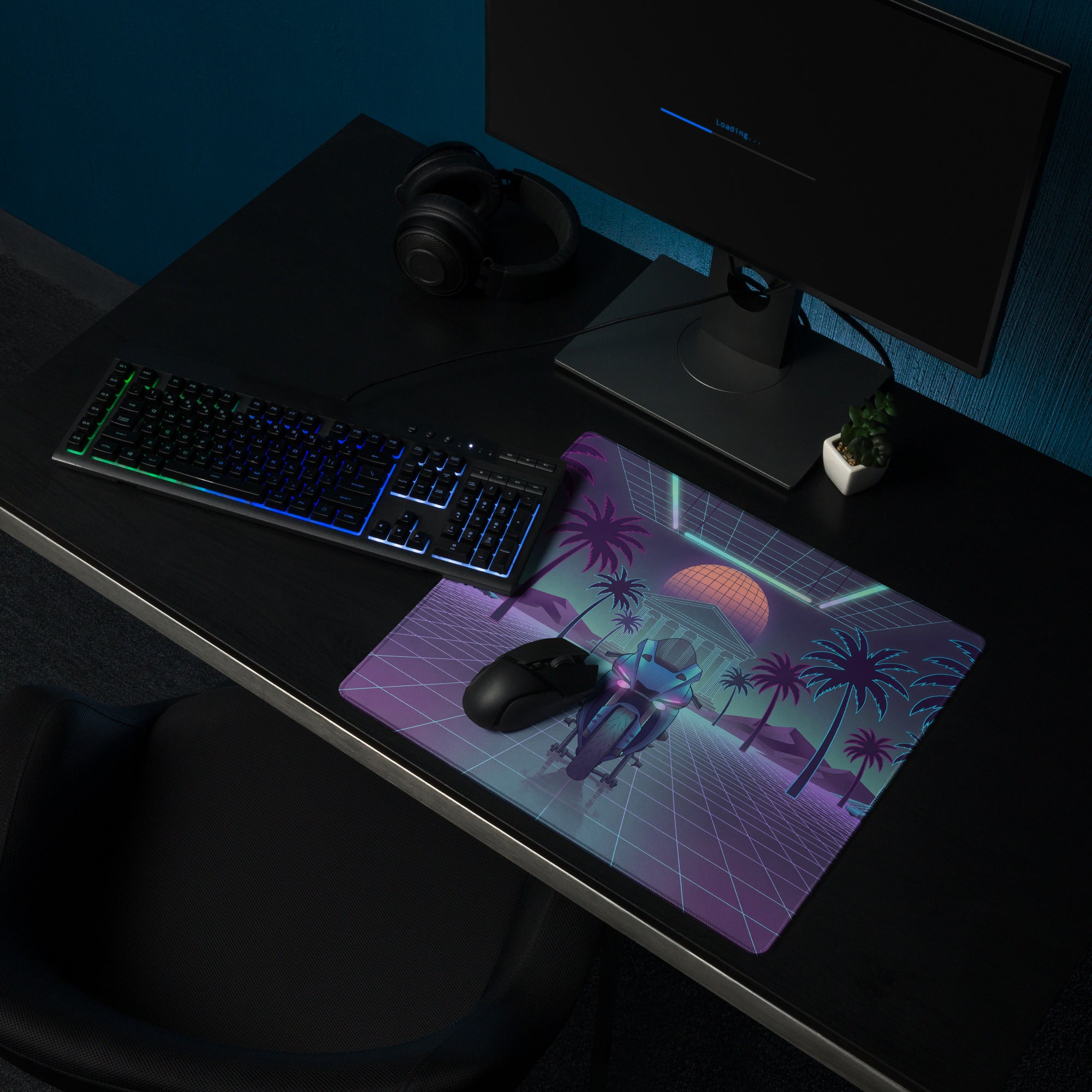 Yamaha YZF-R1 Inspired Blue Purple Vaporwave Gaming Mouse Pad – Neon Palm Grid Desk Mat, Retro Futuristic Synthwave Motorcycle Digital Art