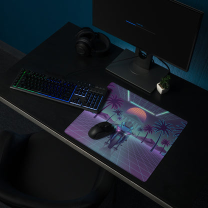 Yamaha YZF-R1 Inspired Blue Purple Vaporwave Gaming Mouse Pad – Neon Palm Grid Desk Mat, Retro Futuristic Synthwave Motorcycle Digital Art