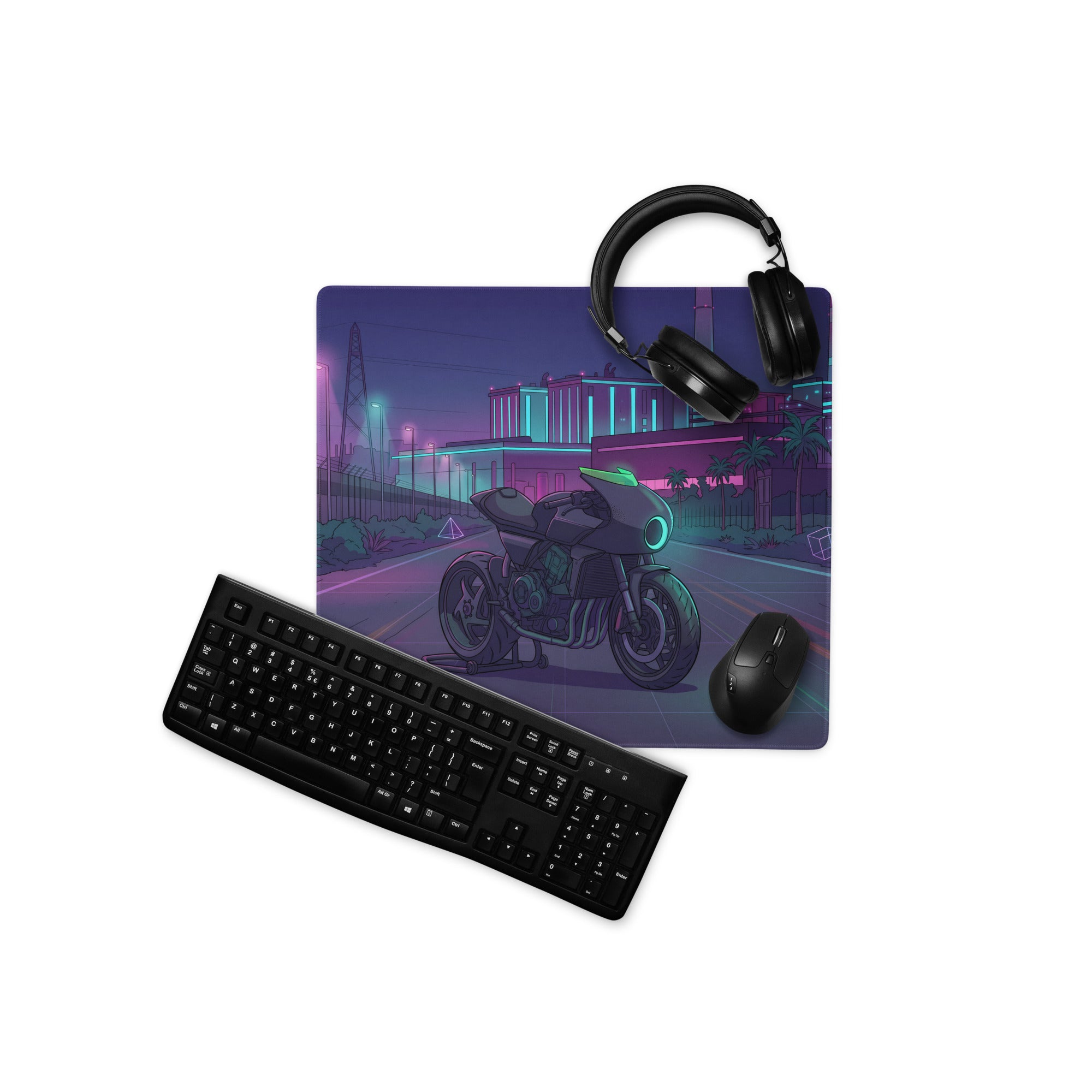 Honda CBX1000 Inspired Black Teal Vaporwave Gaming Mouse Pad – Neon Industrial City Desk Mat, Retro Futuristic Café Racer Motorcycle Digital Art