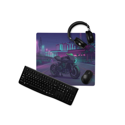 Honda CBX1000 Inspired Black Teal Vaporwave Gaming Mouse Pad – Neon Industrial City Desk Mat, Retro Futuristic Café Racer Motorcycle Digital Art