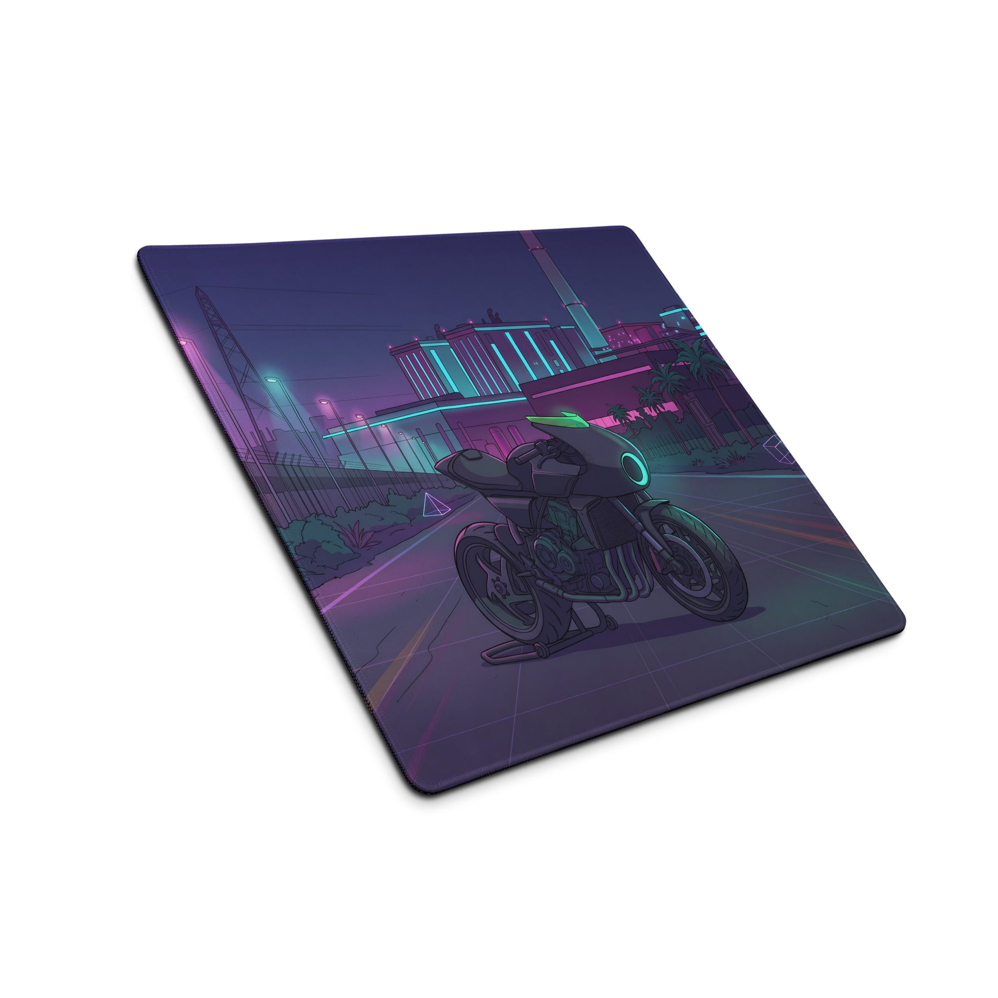 Honda CBX1000 Inspired Black Teal Vaporwave Gaming Mouse Pad – Neon Industrial City Desk Mat, Retro Futuristic Café Racer Motorcycle Digital Art