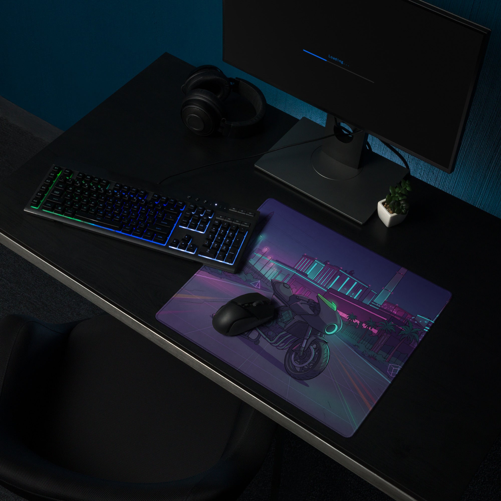 Honda CBX1000 Inspired Black Teal Vaporwave Gaming Mouse Pad – Neon Industrial City Desk Mat, Retro Futuristic Café Racer Motorcycle Digital Art