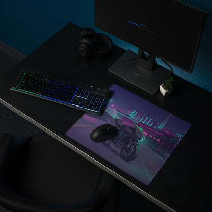 Honda CBX1000 Inspired Black Teal Vaporwave Gaming Mouse Pad – Neon Industrial City Desk Mat, Retro Futuristic Café Racer Motorcycle Digital Art