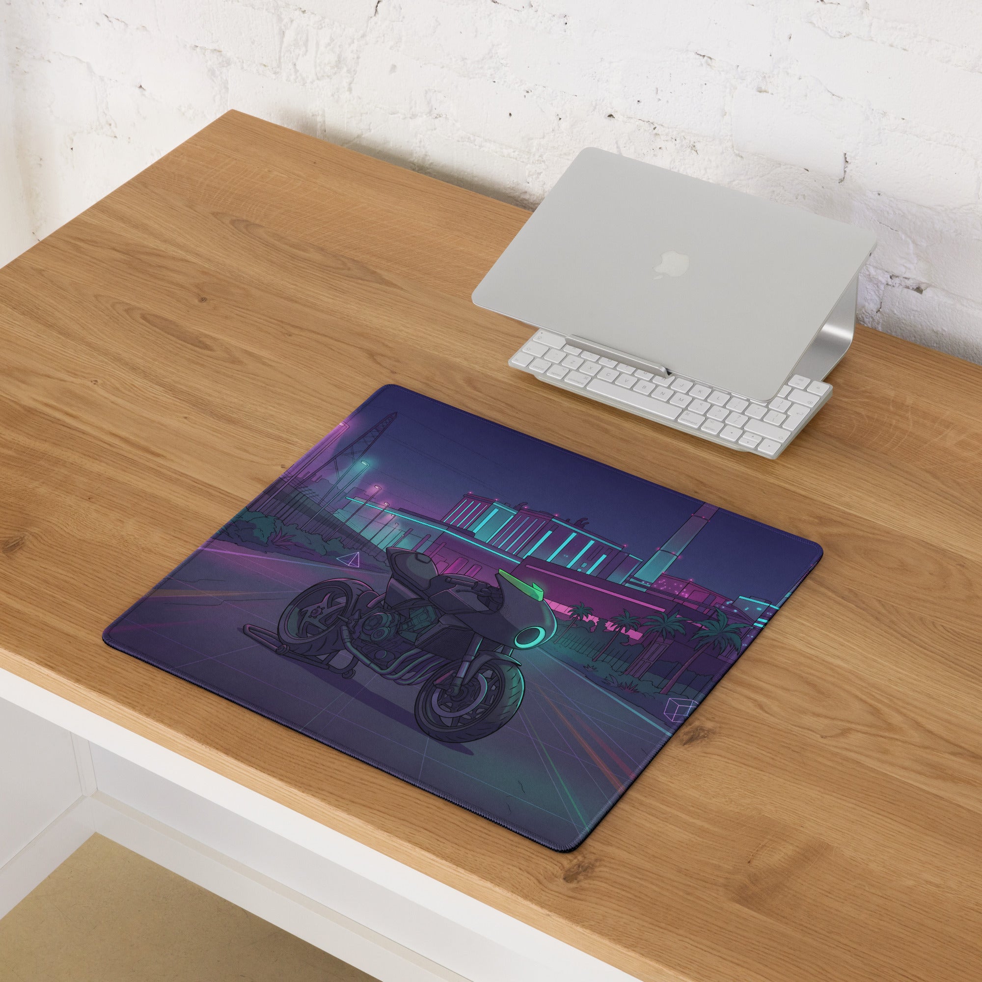 Honda CBX1000 Inspired Black Teal Vaporwave Gaming Mouse Pad – Neon Industrial City Desk Mat, Retro Futuristic Café Racer Motorcycle Digital Art