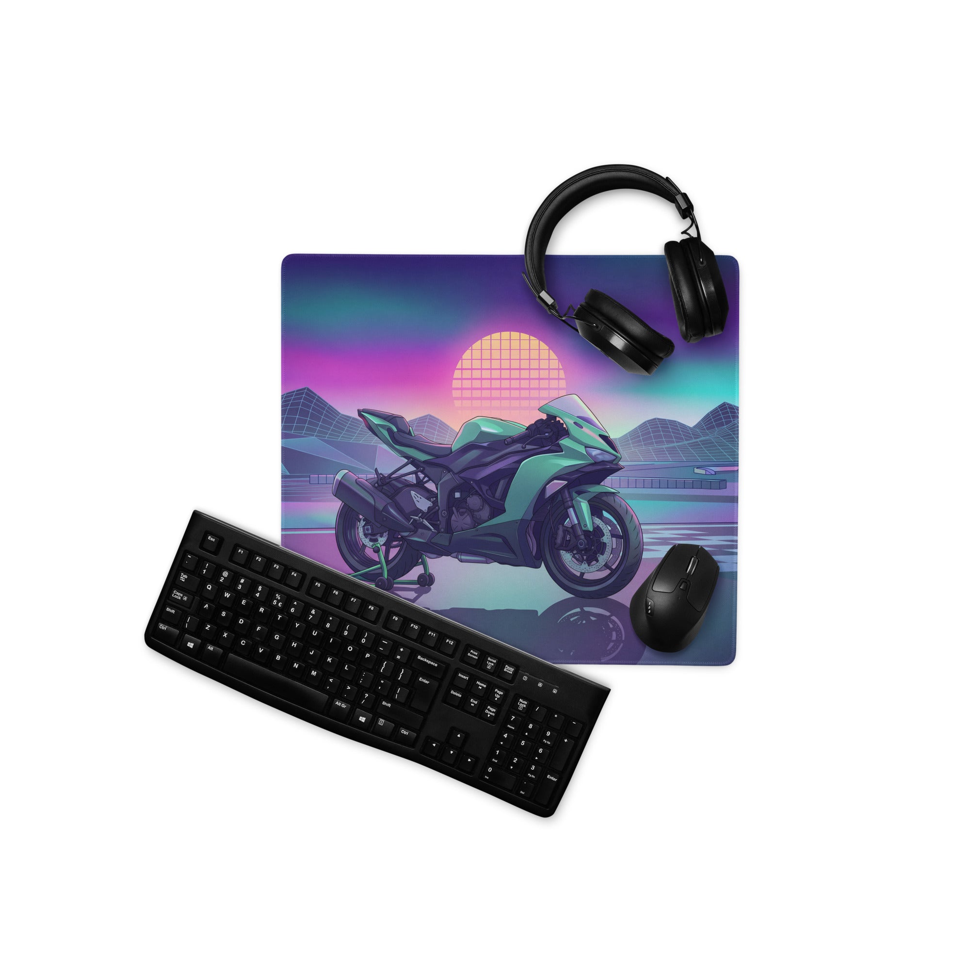 Kawasaki Ninja ZX-6R Inspired Mint Green Vaporwave Gaming Mouse Pad – Neon Sunset Racetrack Desk Mat, Retro Futuristic Sportbike Digital Art