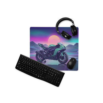 Kawasaki Ninja ZX-6R Inspired Mint Green Vaporwave Gaming Mouse Pad – Neon Sunset Racetrack Desk Mat, Retro Futuristic Sportbike Digital Art