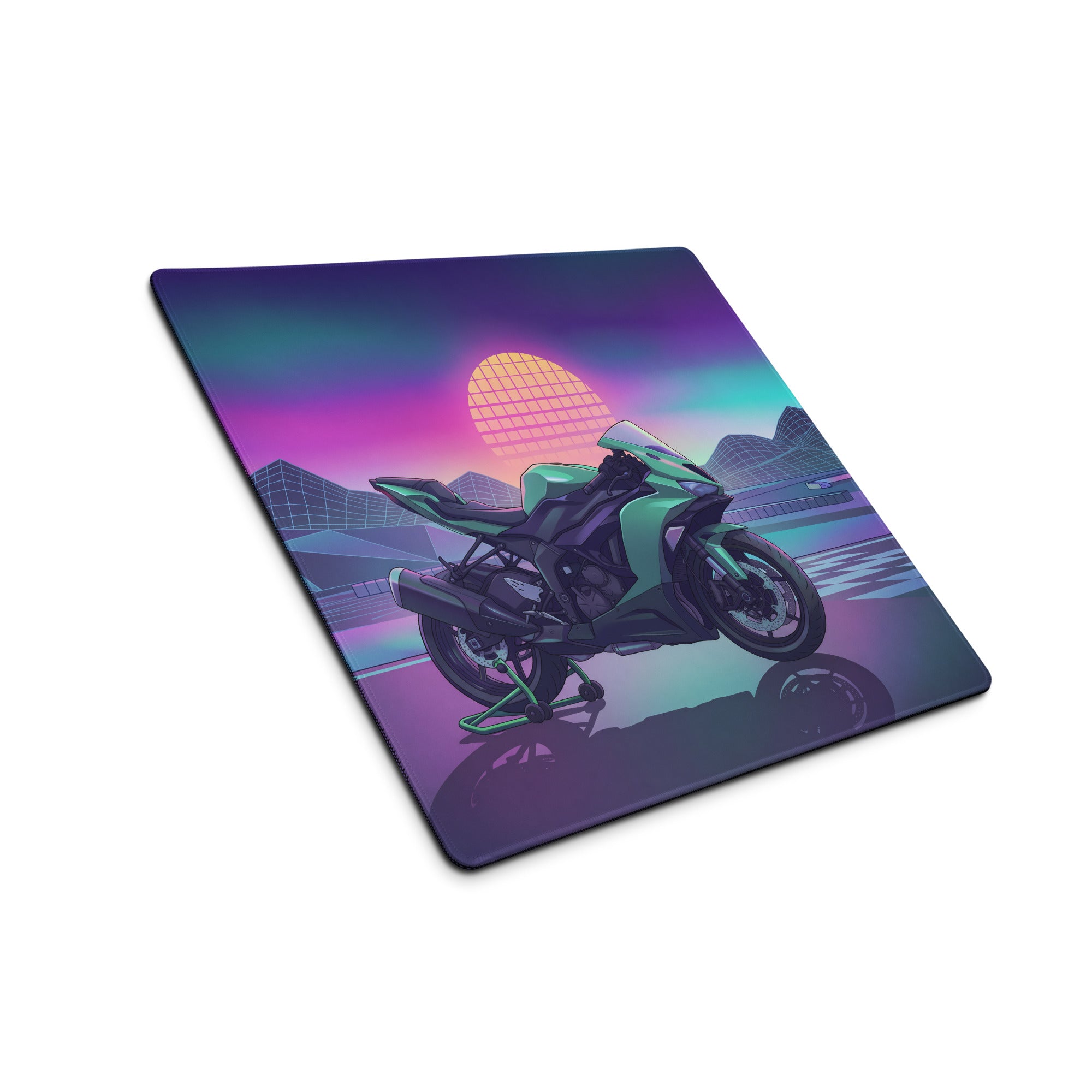 Kawasaki Ninja ZX-6R Inspired Mint Green Vaporwave Gaming Mouse Pad – Neon Sunset Racetrack Desk Mat, Retro Futuristic Sportbike Digital Art