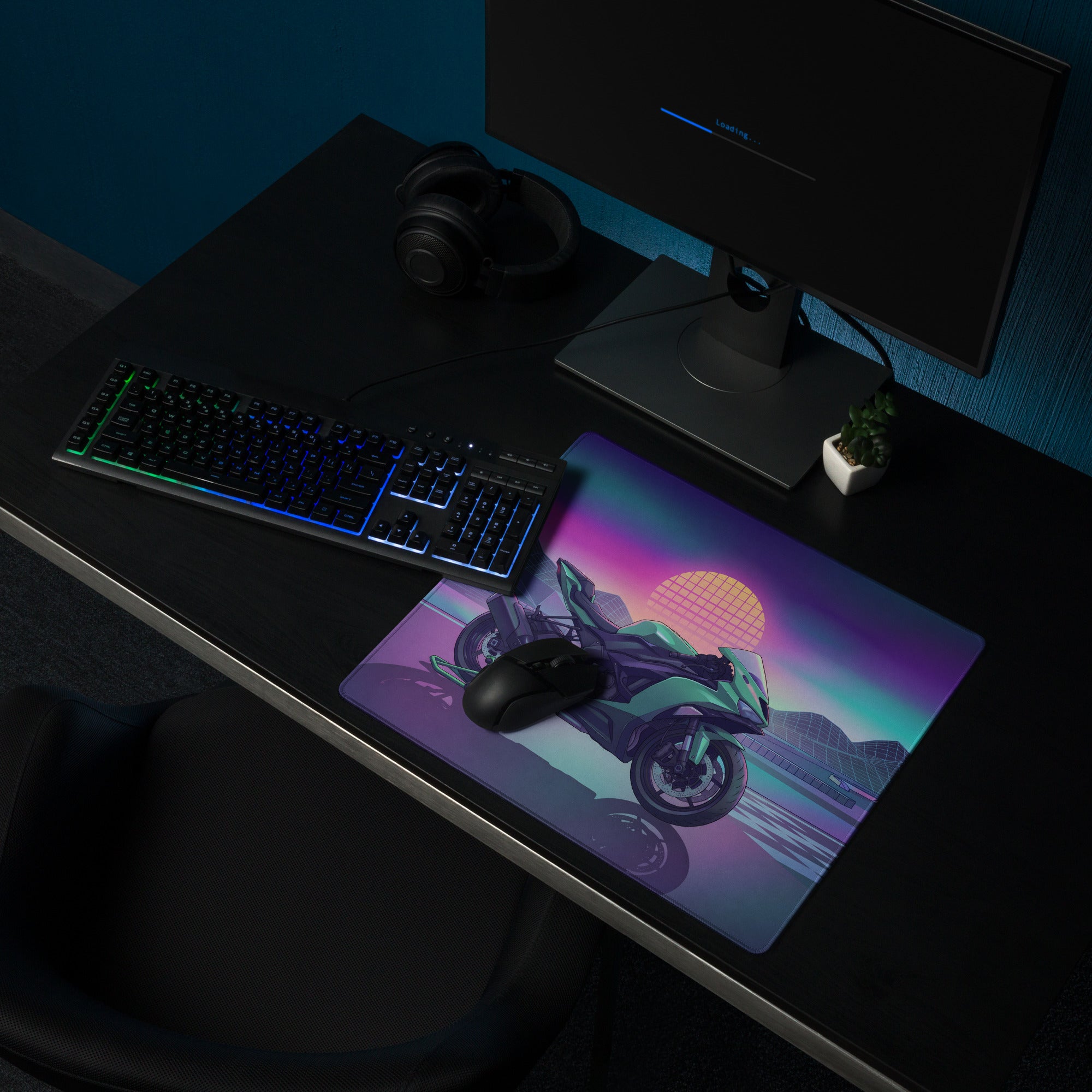 Kawasaki Ninja ZX-6R Inspired Mint Green Vaporwave Gaming Mouse Pad – Neon Sunset Racetrack Desk Mat, Retro Futuristic Sportbike Digital Art