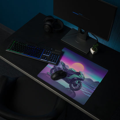 Kawasaki Ninja ZX-6R Inspired Mint Green Vaporwave Gaming Mouse Pad – Neon Sunset Racetrack Desk Mat, Retro Futuristic Sportbike Digital Art