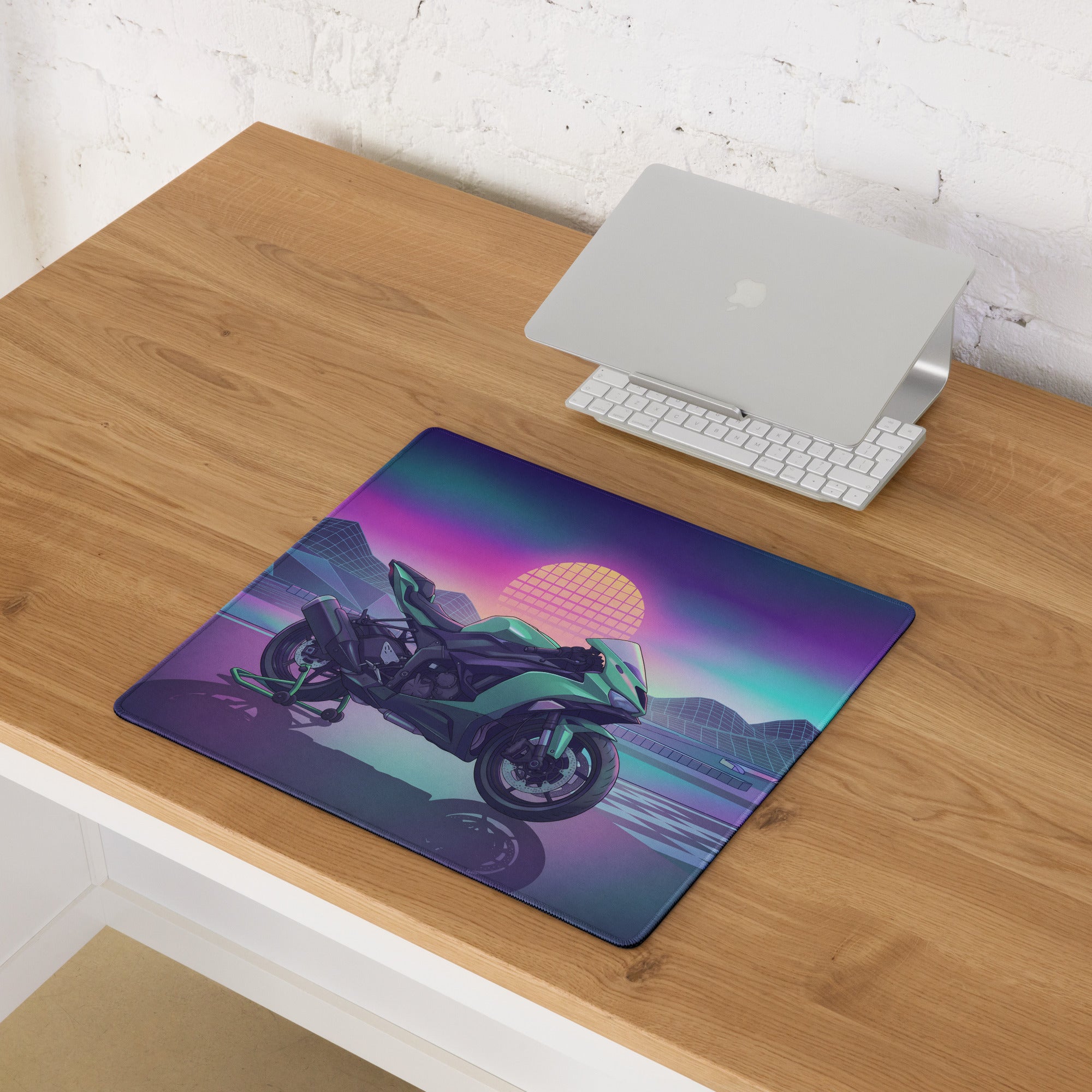 Kawasaki Ninja ZX-6R Inspired Mint Green Vaporwave Gaming Mouse Pad – Neon Sunset Racetrack Desk Mat, Retro Futuristic Sportbike Digital Art