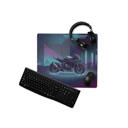 Triumph Speed Triple 1200 RR Inspired Silver Purple Vaporwave Gaming Mouse Pad – Neon Cyber City Desk Mat, Futuristic Synthwave Motorcycle Digital Art