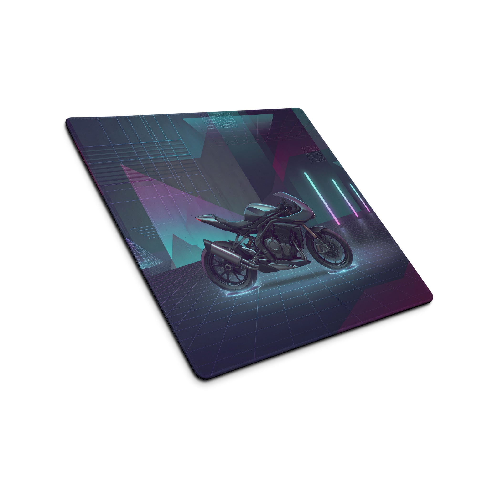 Triumph Speed Triple 1200 RR Inspired Silver Purple Vaporwave Gaming Mouse Pad – Neon Cyber City Desk Mat, Futuristic Synthwave Motorcycle Digital Art