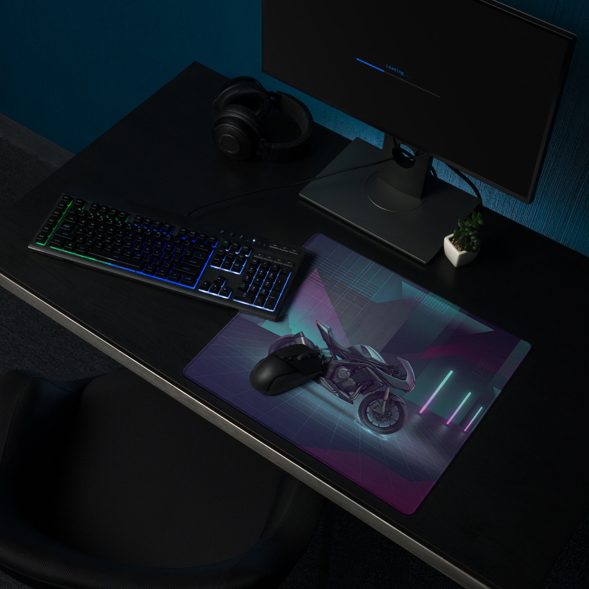 Triumph Speed Triple 1200 RR Inspired Silver Purple Vaporwave Gaming Mouse Pad – Neon Cyber City Desk Mat, Futuristic Synthwave Motorcycle Digital Art