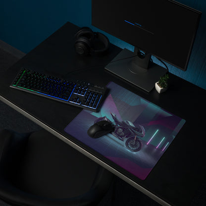 Triumph Speed Triple 1200 RR Inspired Silver Purple Vaporwave Gaming Mouse Pad – Neon Cyber City Desk Mat, Futuristic Synthwave Motorcycle Digital Art