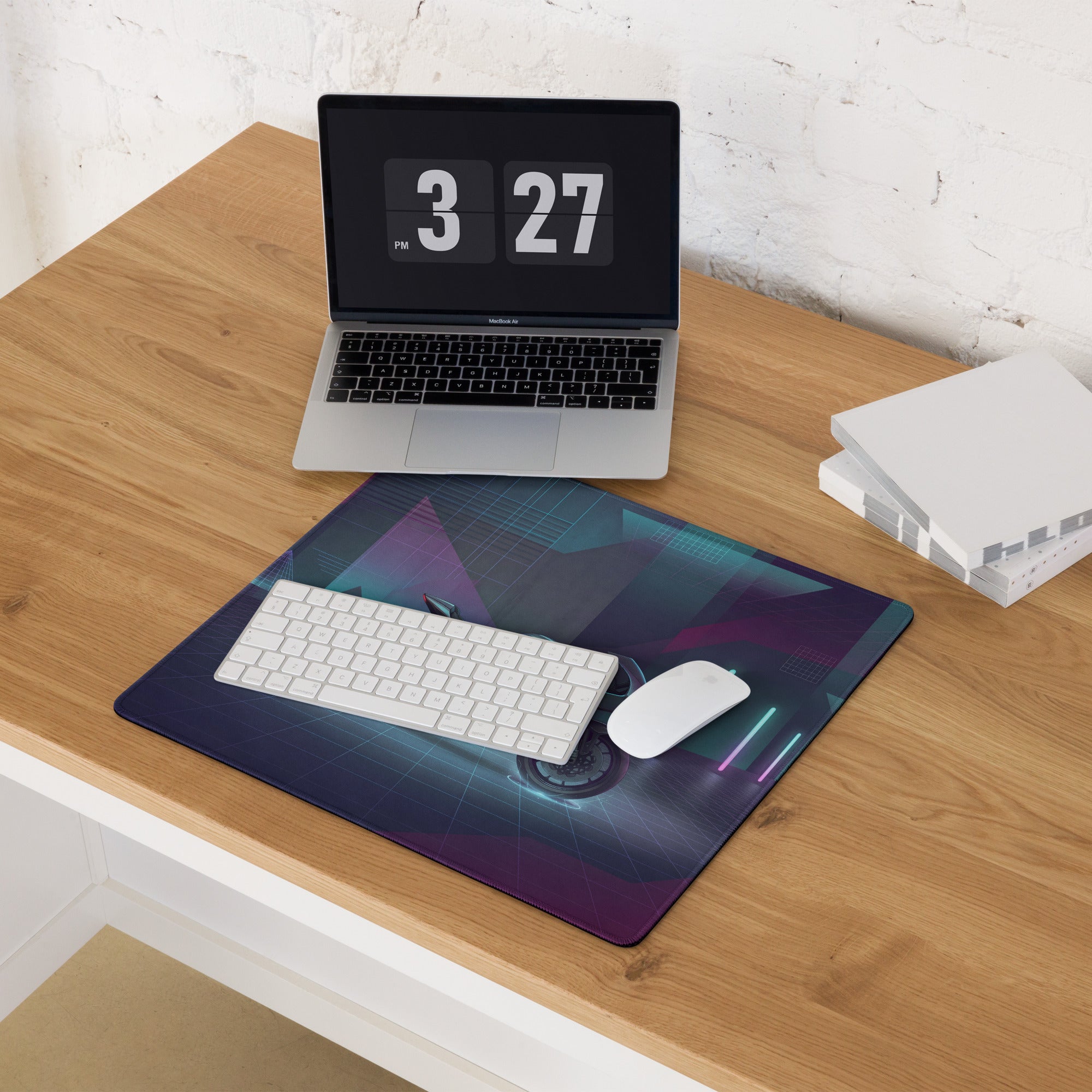 Triumph Speed Triple 1200 RR Inspired Silver Purple Vaporwave Gaming Mouse Pad – Neon Cyber City Desk Mat, Futuristic Synthwave Motorcycle Digital Art