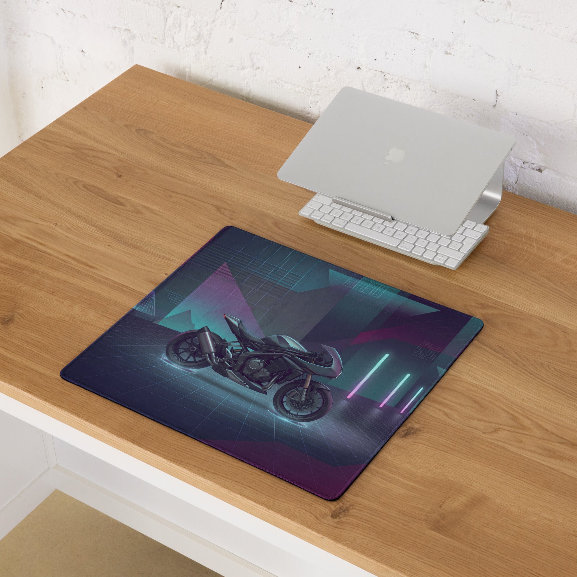 Triumph Speed Triple 1200 RR Inspired Silver Purple Vaporwave Gaming Mouse Pad – Neon Cyber City Desk Mat, Futuristic Synthwave Motorcycle Digital Art