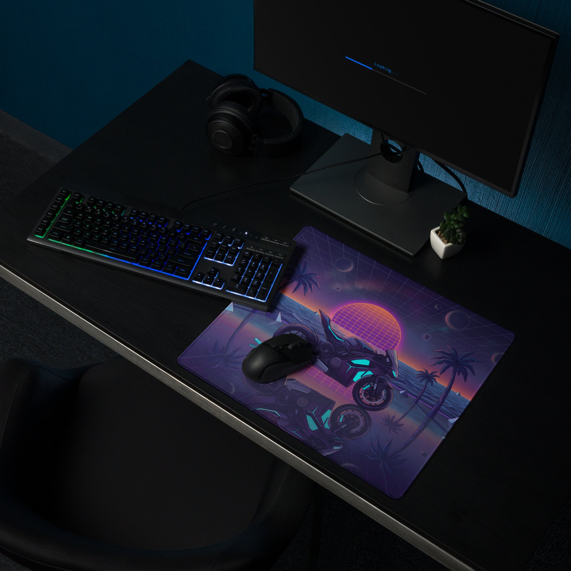 Ducati Panigale V4S Inspired Black Cyan Vaporwave Gaming Mouse Pad – Neon Cosmic Sunset Desk Mat, Retro Futuristic Synthwave Sportbike Digital Art