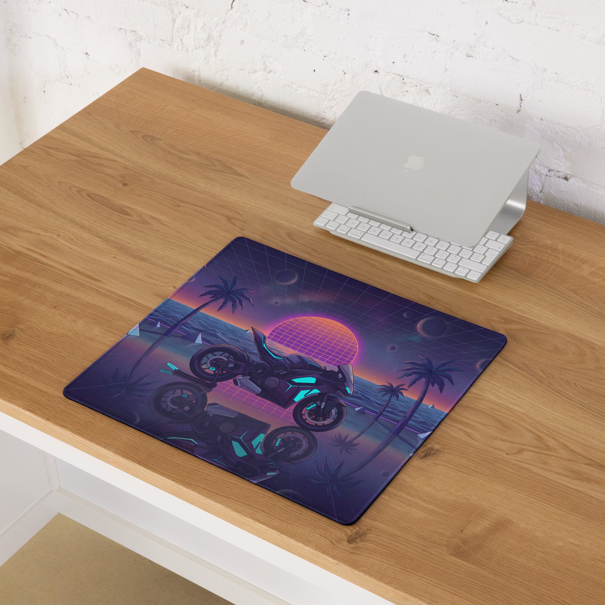 Ducati Panigale V4S Inspired Black Cyan Vaporwave Gaming Mouse Pad – Neon Cosmic Sunset Desk Mat, Retro Futuristic Synthwave Sportbike Digital Art