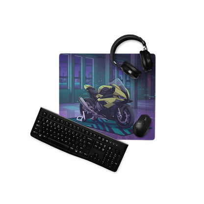 BMW S 1000 RR Inspired Yellow Purple Vaporwave Gaming Mouse Pad – Neon Cyber Garage Desk Mat, Retro Futuristic Synthwave Sportbike Digital Art