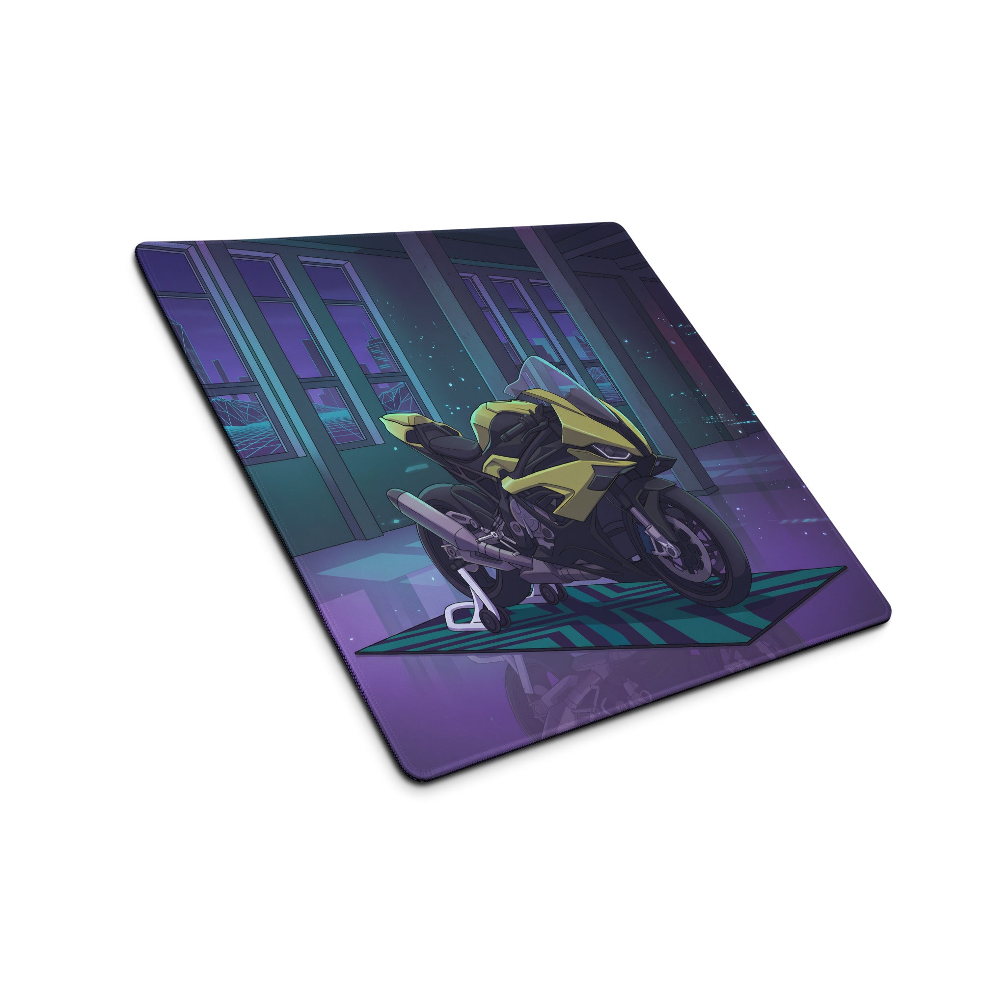 BMW S 1000 RR Inspired Yellow Purple Vaporwave Gaming Mouse Pad – Neon Cyber Garage Desk Mat, Retro Futuristic Synthwave Sportbike Digital Art