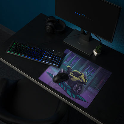 BMW S 1000 RR Inspired Yellow Purple Vaporwave Gaming Mouse Pad – Neon Cyber Garage Desk Mat, Retro Futuristic Synthwave Sportbike Digital Art