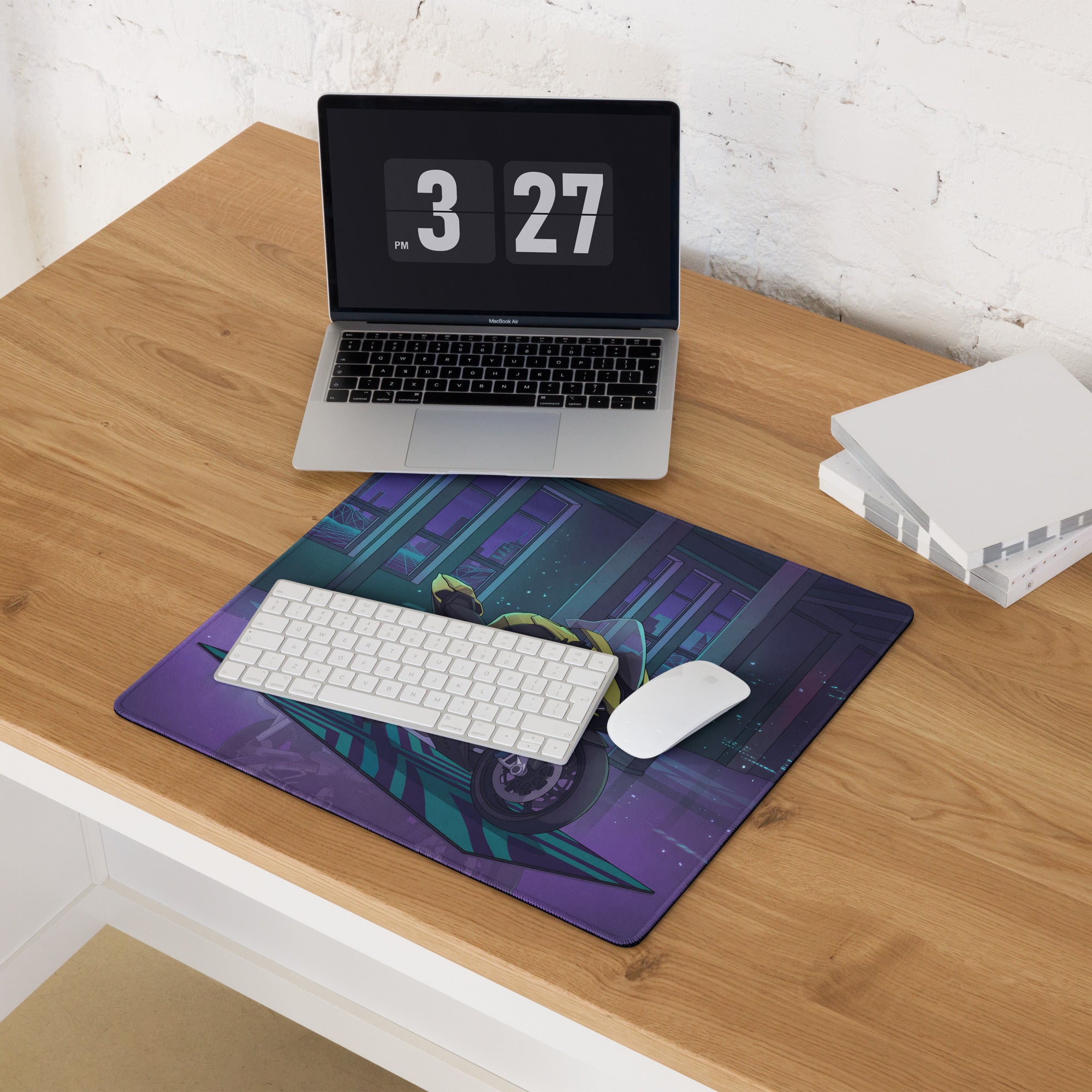 BMW S 1000 RR Inspired Yellow Purple Vaporwave Gaming Mouse Pad – Neon Cyber Garage Desk Mat, Retro Futuristic Synthwave Sportbike Digital Art
