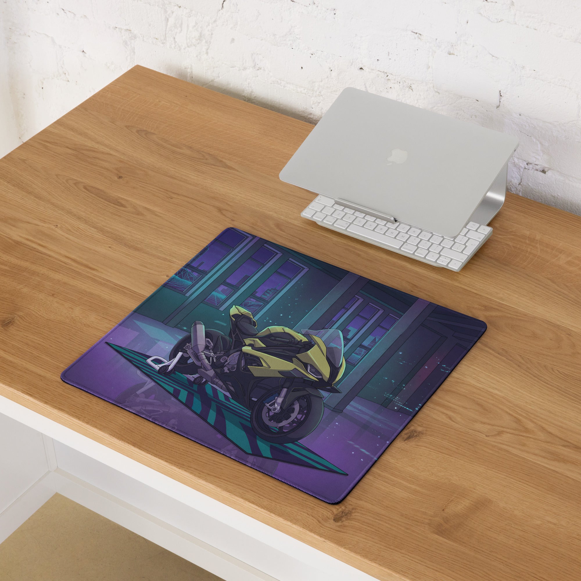 BMW S 1000 RR Inspired Yellow Purple Vaporwave Gaming Mouse Pad – Neon Cyber Garage Desk Mat, Retro Futuristic Synthwave Sportbike Digital Art