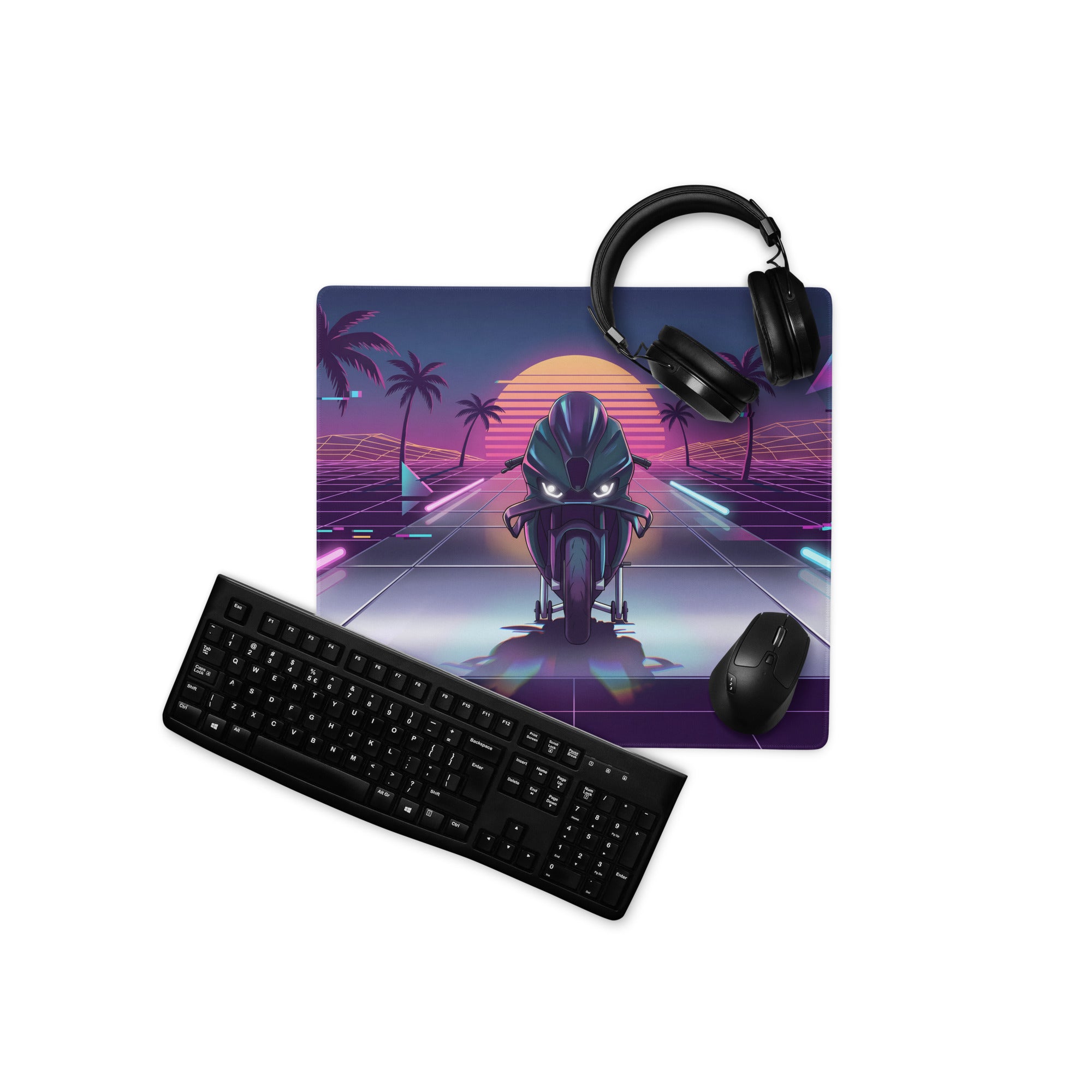 BMW M 1000 RR Inspired Black Cyan Vaporwave Gaming Mouse Pad – Neon Sunset Grid Desk Mat, Retro Futuristic Synthwave Superbike Digital Art