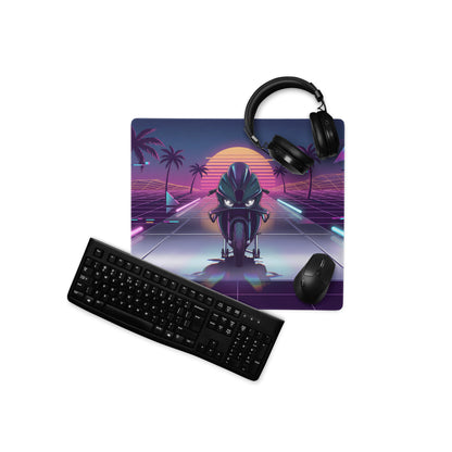 BMW M 1000 RR Inspired Black Cyan Vaporwave Gaming Mouse Pad – Neon Sunset Grid Desk Mat, Retro Futuristic Synthwave Superbike Digital Art